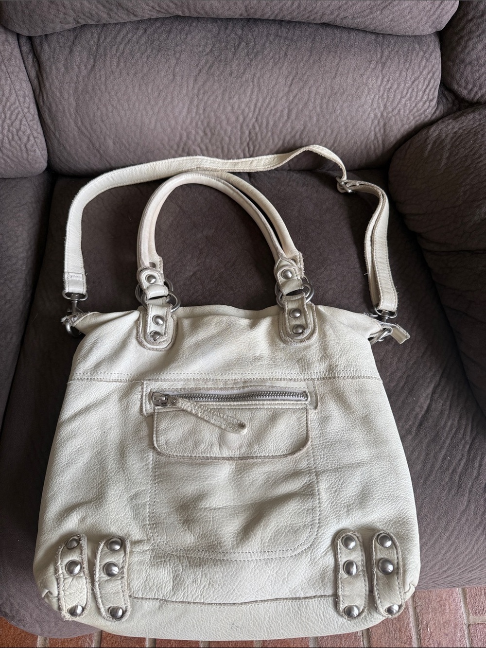 Linea Pelle Cream Leather Shoulder Bag with Silver Hardware